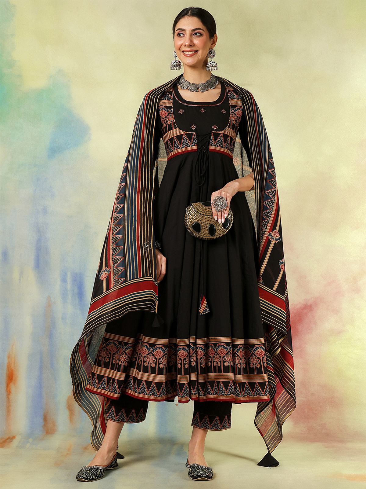 Aromie Floral Tiered Dress for Women with vibrant patterns and elegant black fabric, featuring a stylish cape.