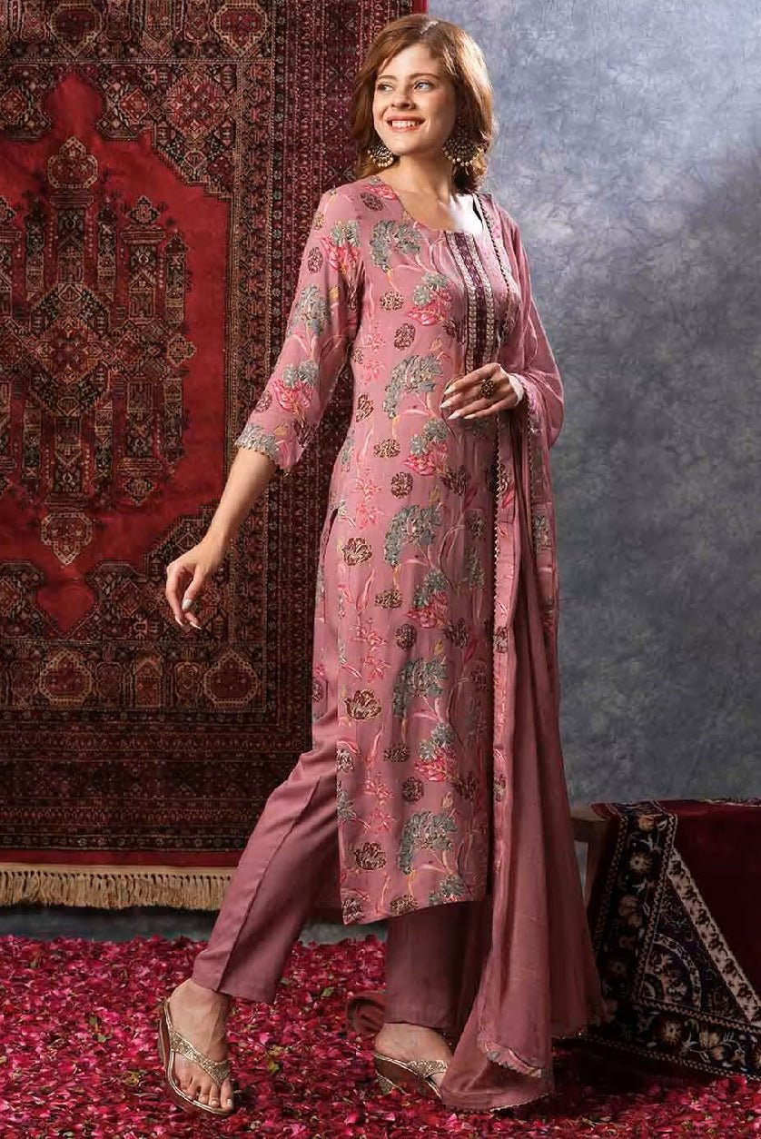 Aromie Floral Tiered Dress for Women featuring elegant embroidery and soft fabric, styled with matching pants and scarf
