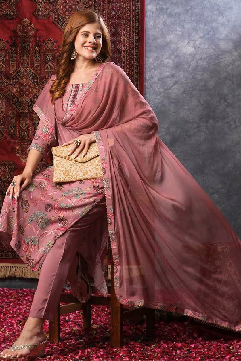 Elegant three piece Kurtha set with floral pattern, perfect for women. Ideal for festive occasions.