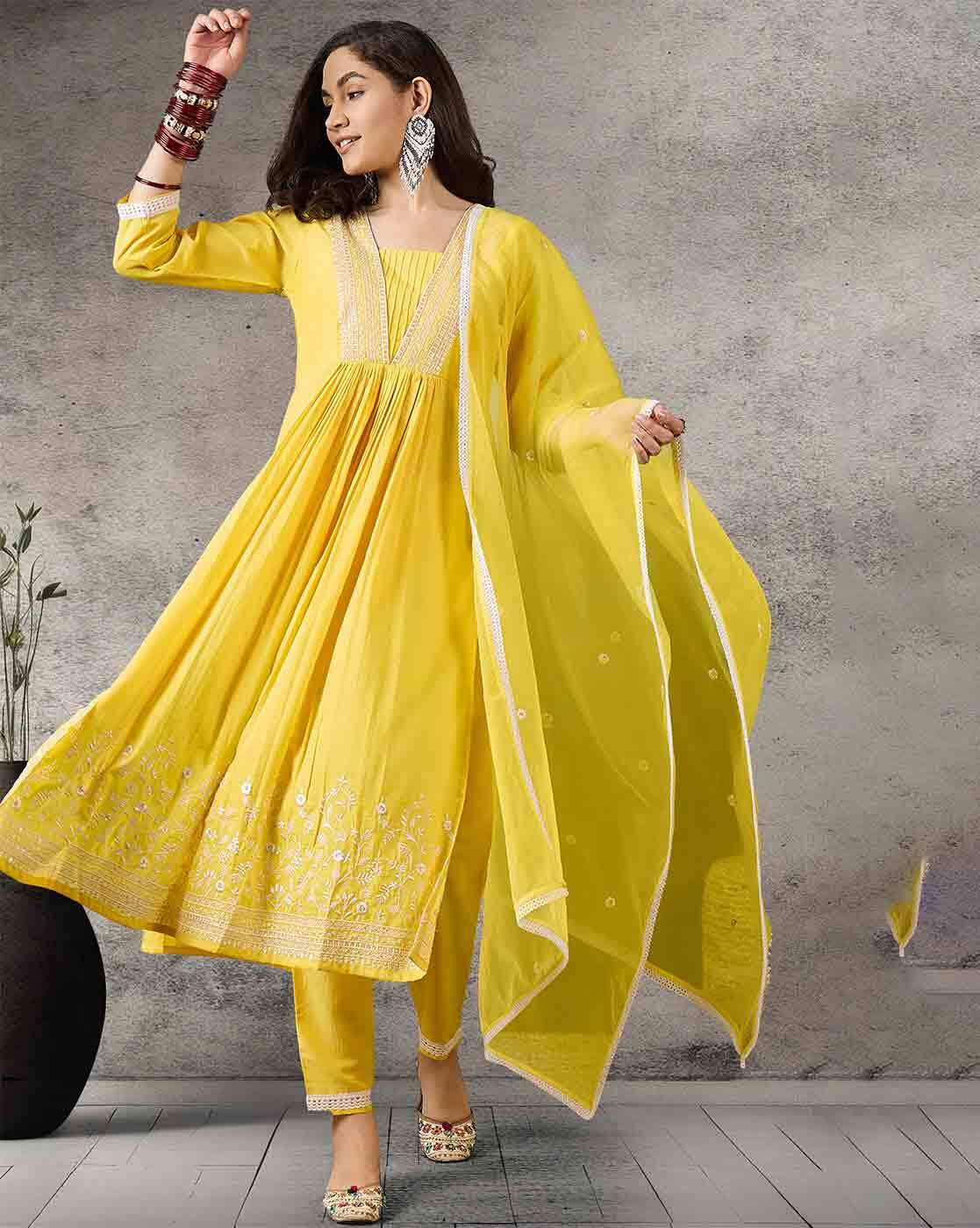 Aromie three piece kurtha in yellow with intricate embroidery styled as floral tiered dress for women