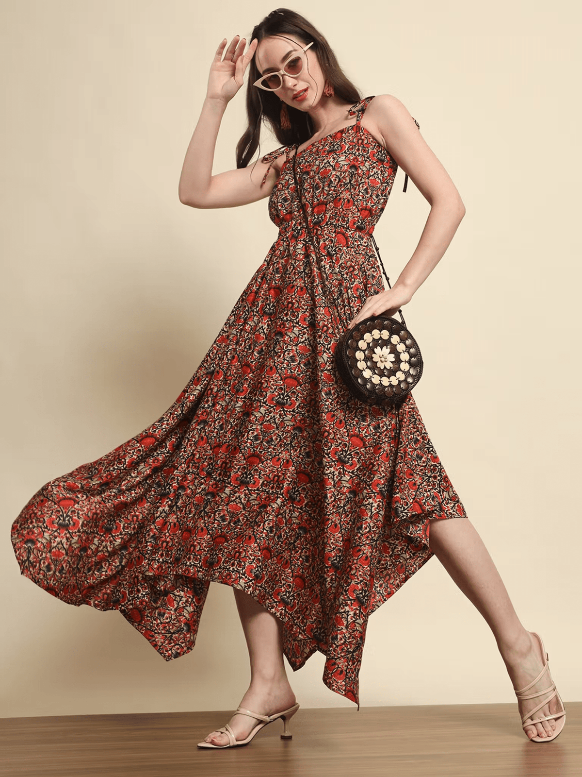 Floral Tiered Dress with Pintucks – Comfortable Polyester Party Dress for Women - aromie