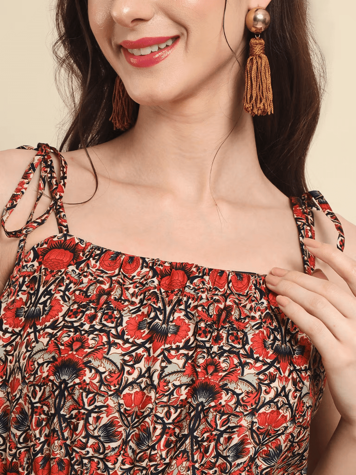 Floral Tiered Dress with Pintucks – Comfortable Polyester Party Dress for Women - aromie