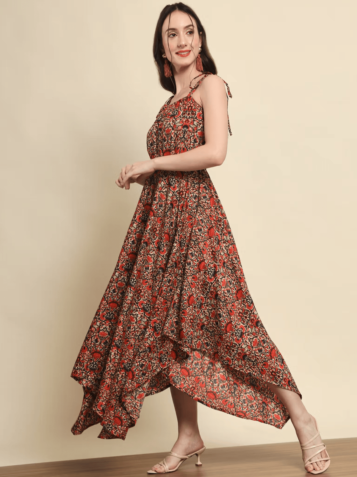Floral Tiered Dress with Pintucks – Comfortable Polyester Party Dress for Women - aromie