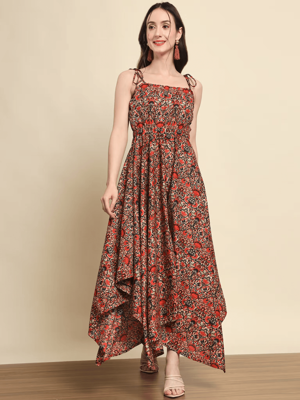 Floral Tiered Dress with Pintucks – Comfortable Polyester Party Dress for Women - aromie