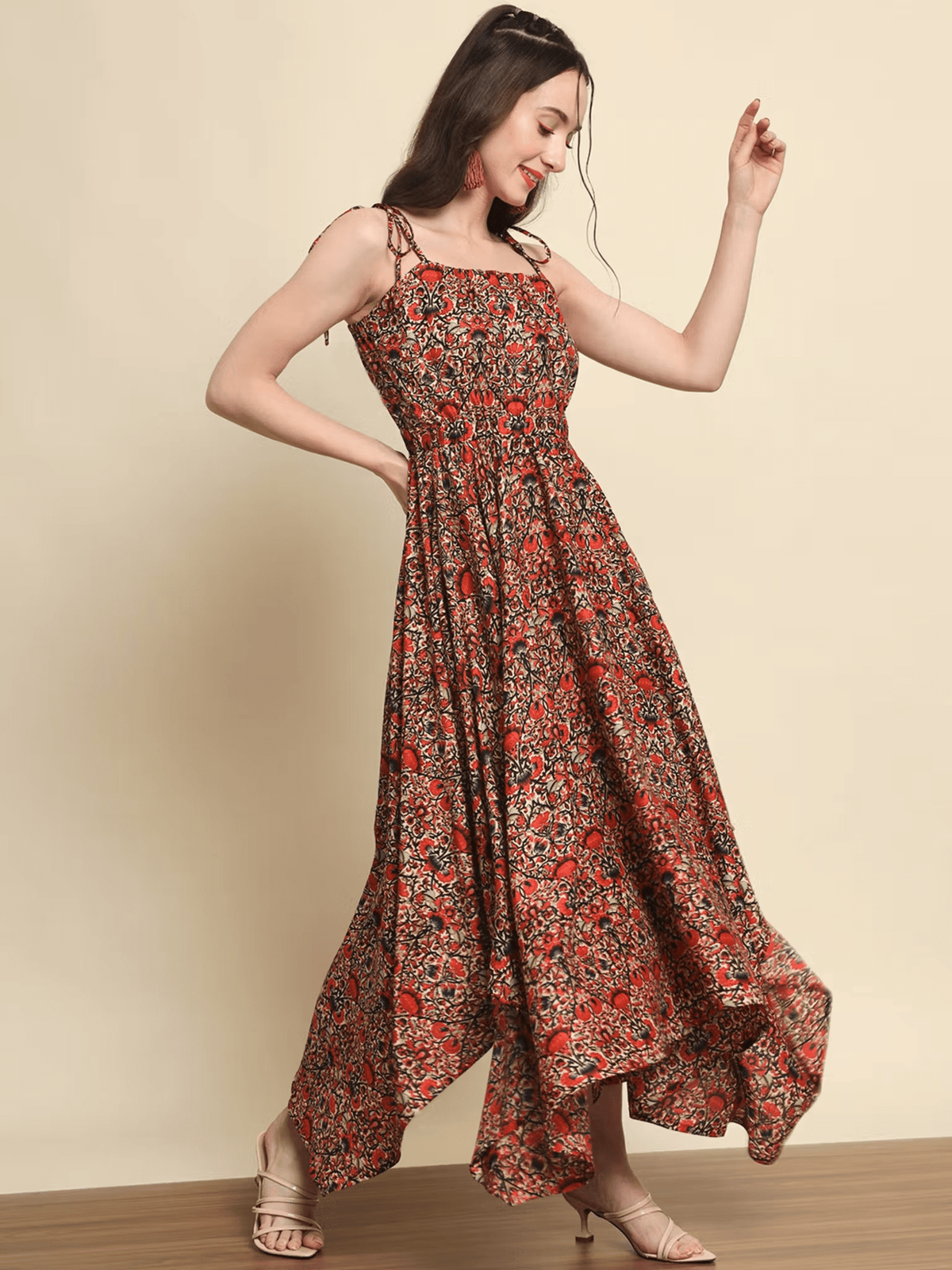 Floral Tiered Dress with Pintucks – Comfortable Polyester Party Dress for Women - aromie