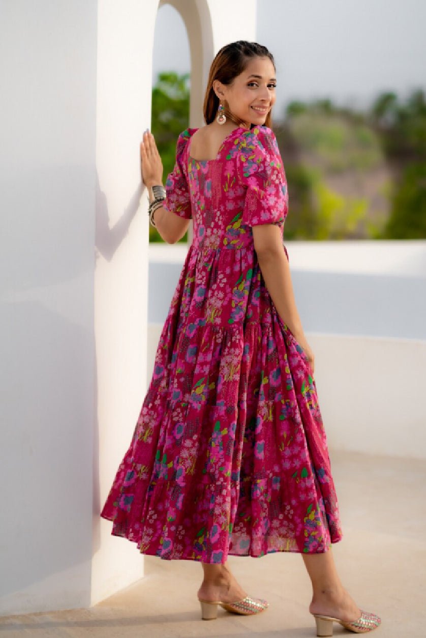 "Floral Tiered Midi Dress for Women | Pink & Green Organic Cotton Puff Sleeve Fit & Flare Dress" - aromie