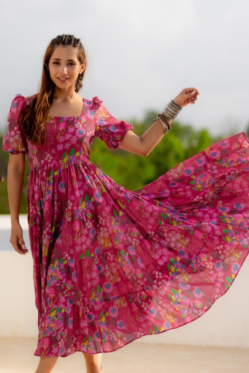 "Floral Tiered Midi Dress for Women | Pink & Green Organic Cotton Puff Sleeve Fit & Flare Dress" - aromie