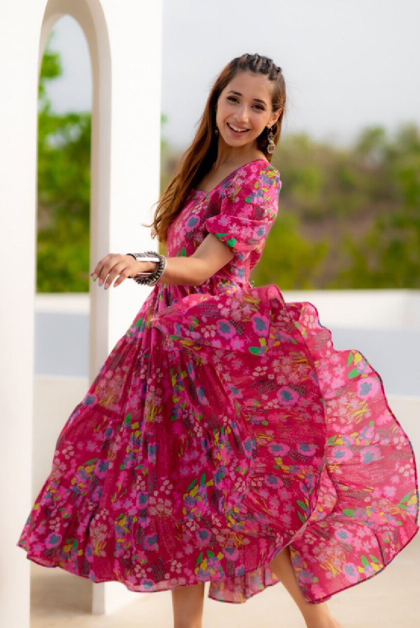 "Floral Tiered Midi Dress for Women | Pink & Green Organic Cotton Puff Sleeve Fit & Flare Dress" - aromie