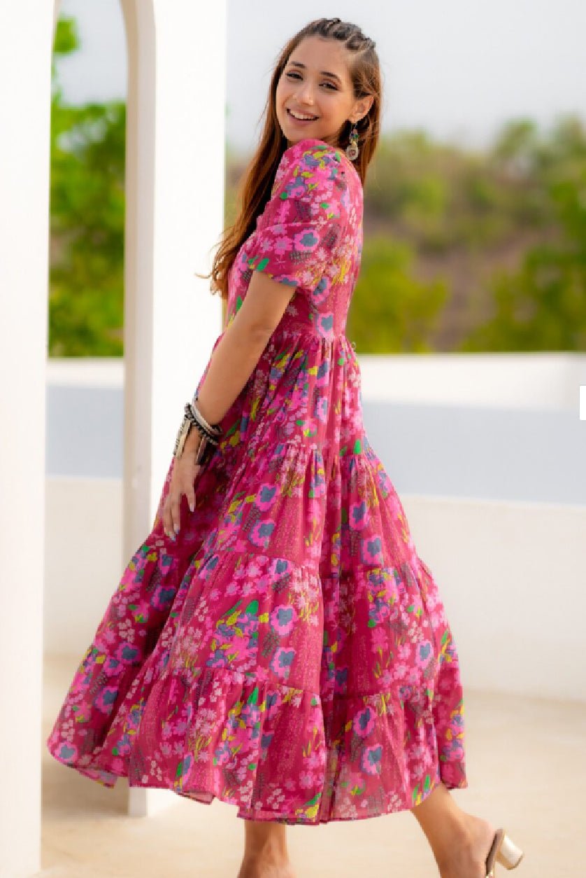 "Floral Tiered Midi Dress for Women | Pink & Green Organic Cotton Puff Sleeve Fit & Flare Dress" - aromie
