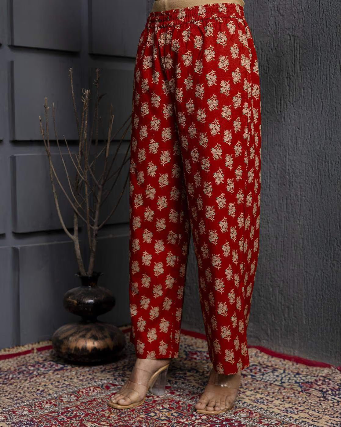 Floral Woven Kurta Set with Red and Gold Print, Ideal for Casual and Festive Occasions