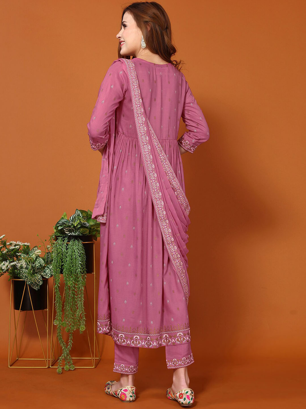 Aromie foil printed kurta set in pink with flowing design and elegant detailing for festive occasions