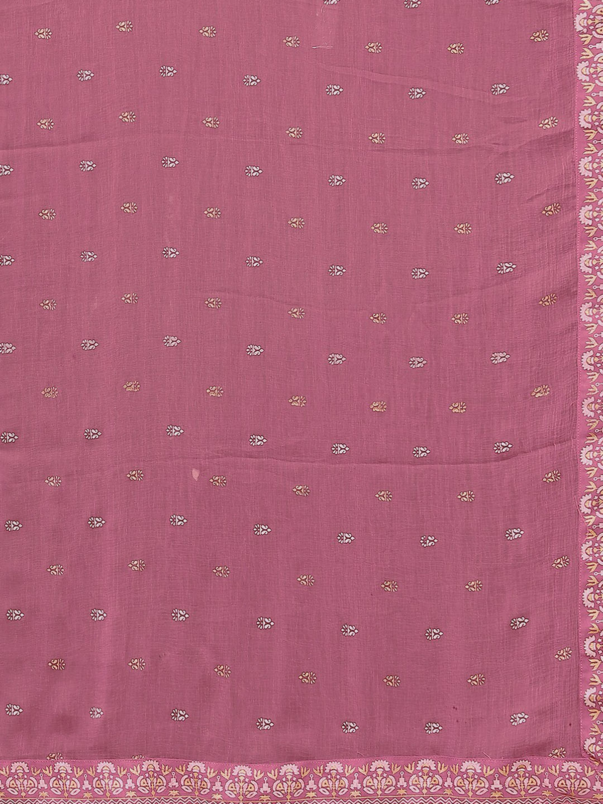 Elegant foil printed kurta set in soft pink fabric with intricate gold detailing for festive occasions