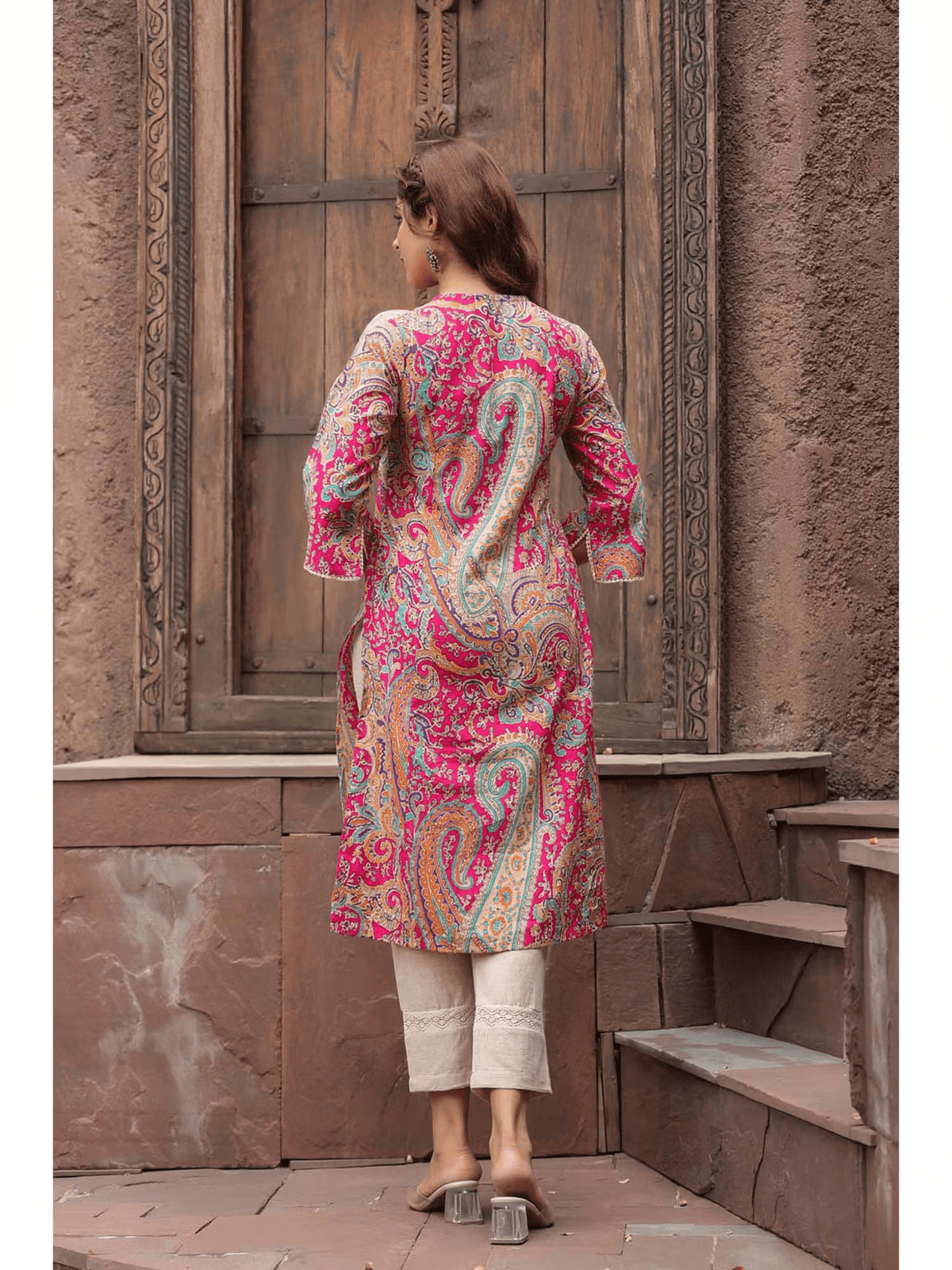 Back view of Fuchsia Floral Paisley Kurta Canada showcasing intricate paisley patterns and vibrant colors