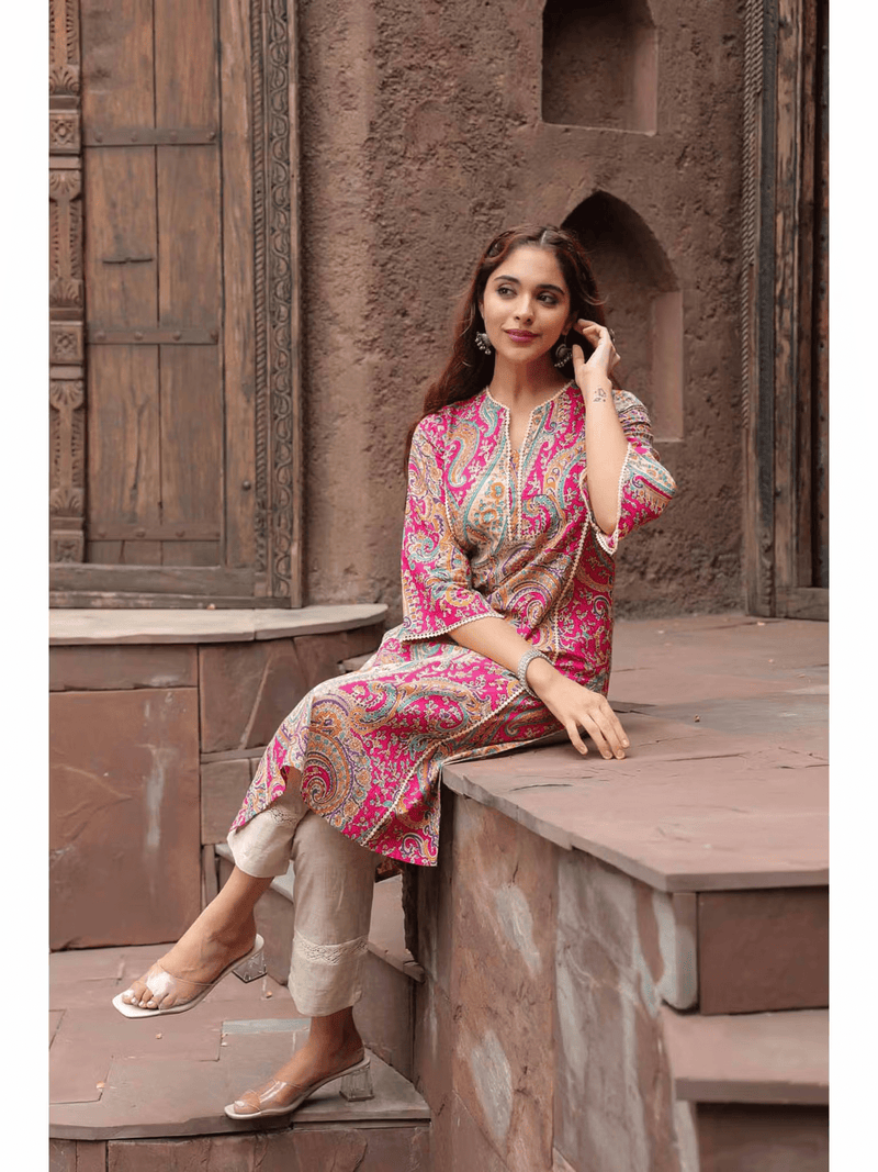 Aromie Fuchsia Floral Paisley Kurta Canada featuring stylish patterns and elegant design, perfect for casual wear.