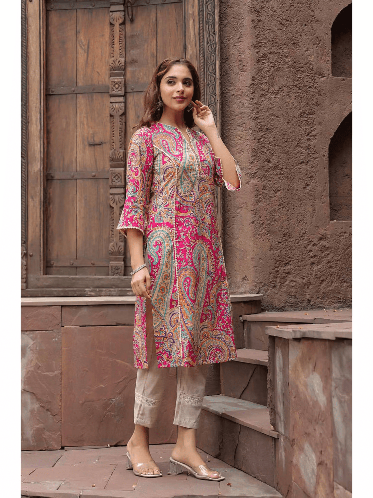 Aromie Fuchsia Floral Paisley Kurta Canada with elegant design and three-quarter sleeves for a stylish look
