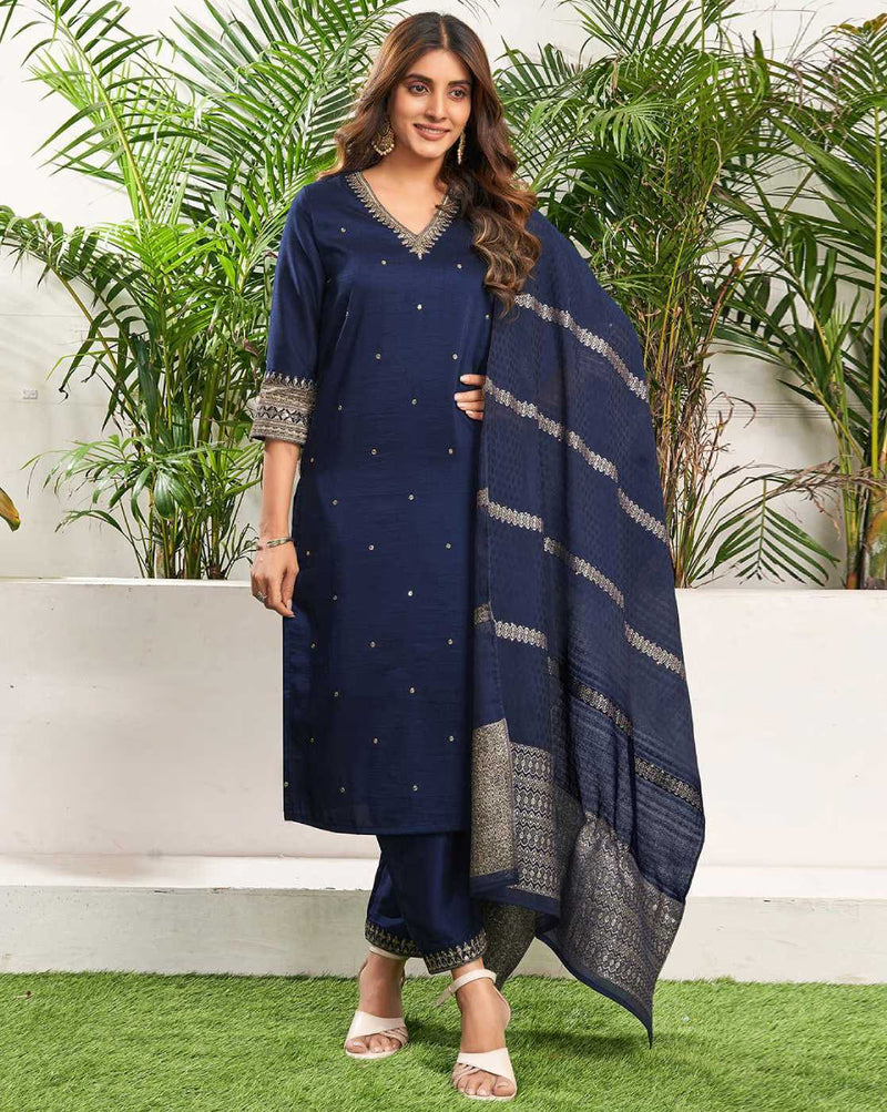 Aromie sequined embroidered kurta suit set in navy blue with intricate designs and matching dupatta