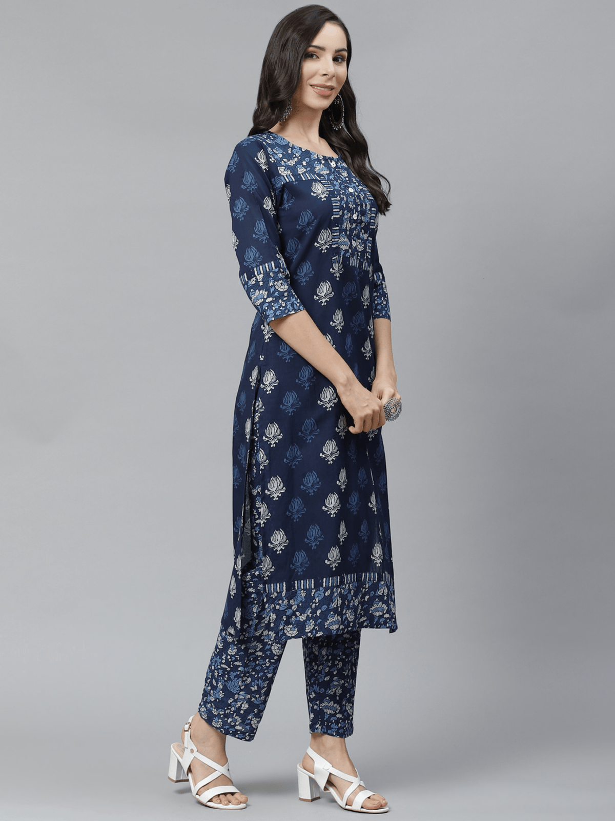 Three piece Kurtha set in navy blue with floral design, ideal for festive wear, featuring Georgette Anarkali Gown Canada
