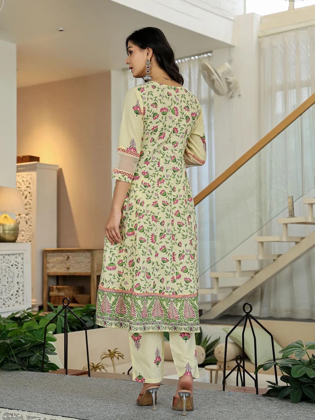 Back view of a green floral Georgette Anarkali Gown Canada, perfect for festive occasions