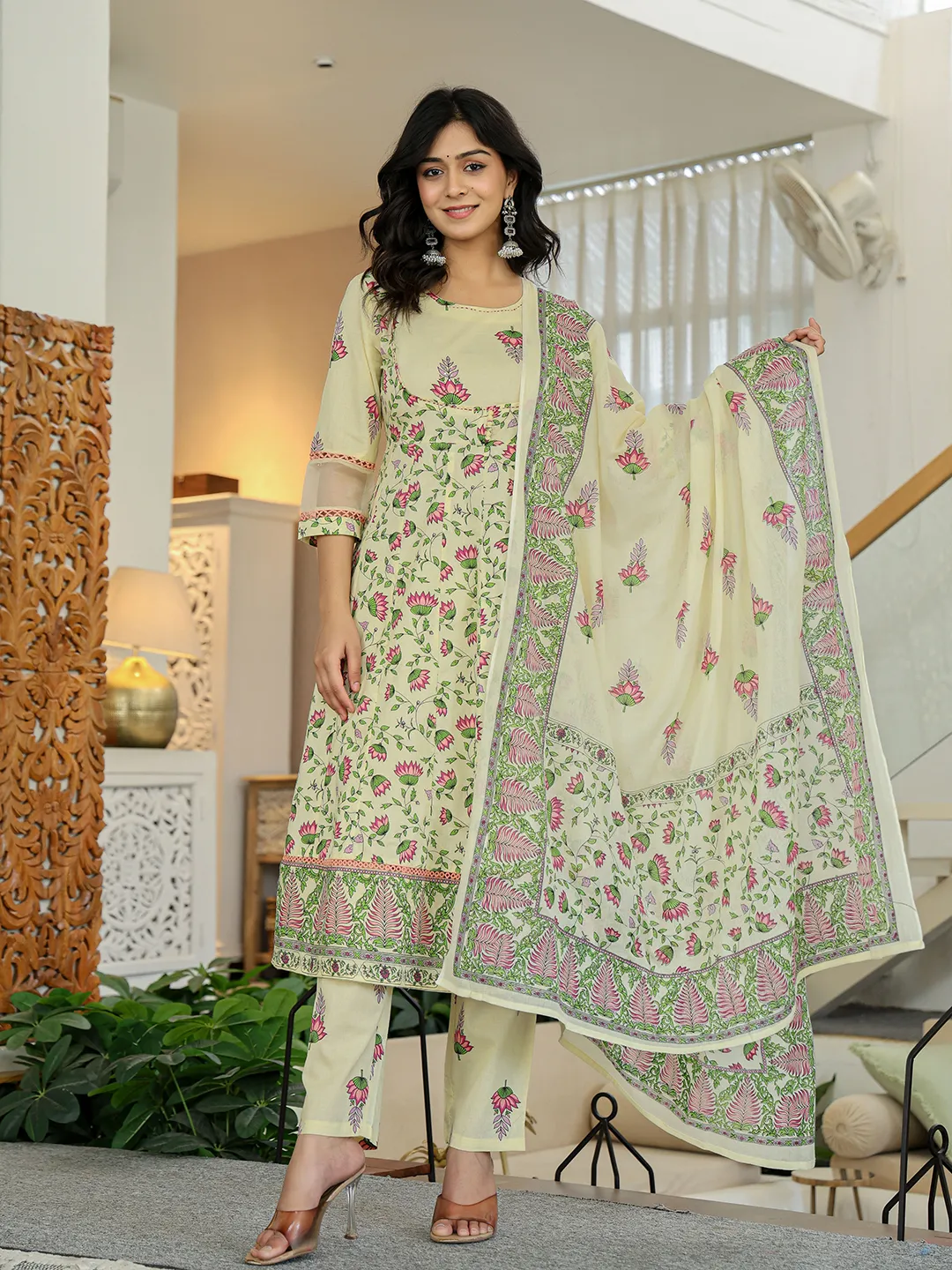 Three piece Georgette Anarkali Gown Canada in light green with floral print, perfect for festive occasions