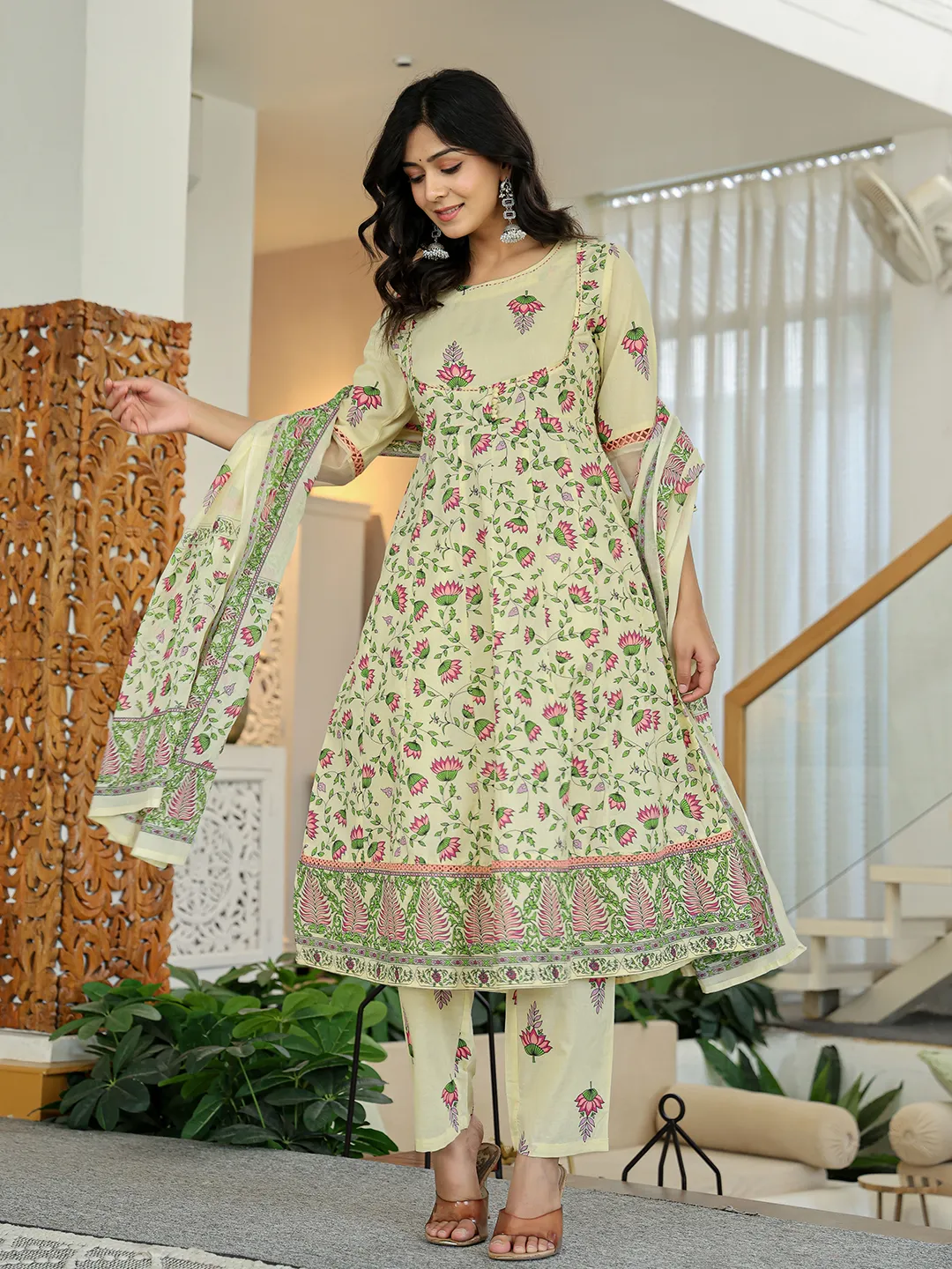 Front view of a three piece Kurtha in light green Georgette Anarkali Gown Canada, ideal for festive occasions