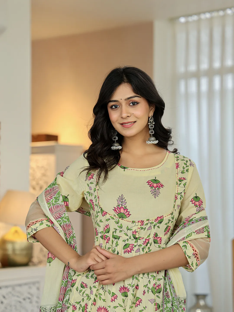 Three piece Georgette Anarkali Gown in cream with floral prints, ideal for weddings and festive occasions in Canada