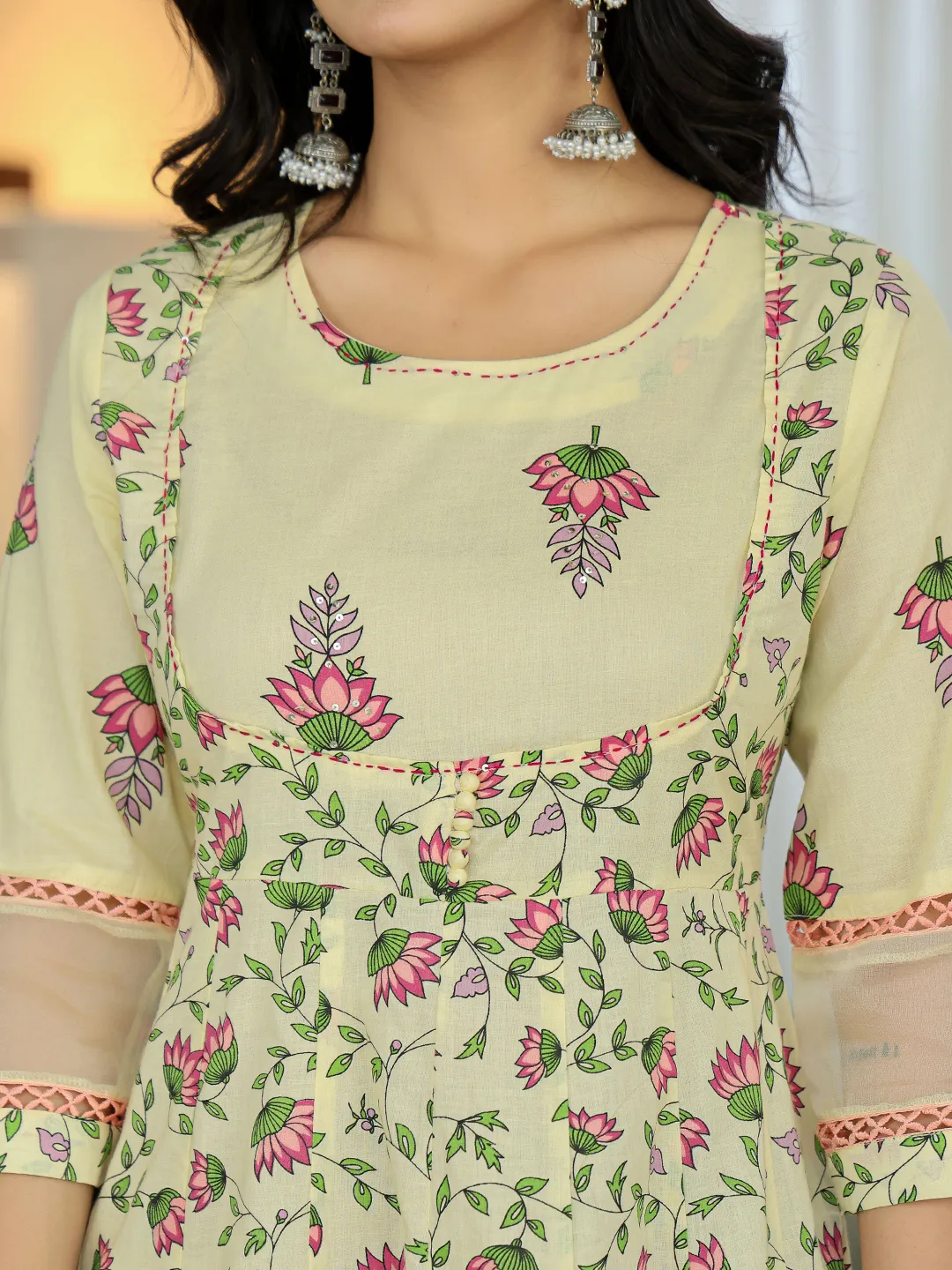 Yellow Georgette Anarkali Gown Canada with floral print, ideal for festive occasions and elegant gatherings.