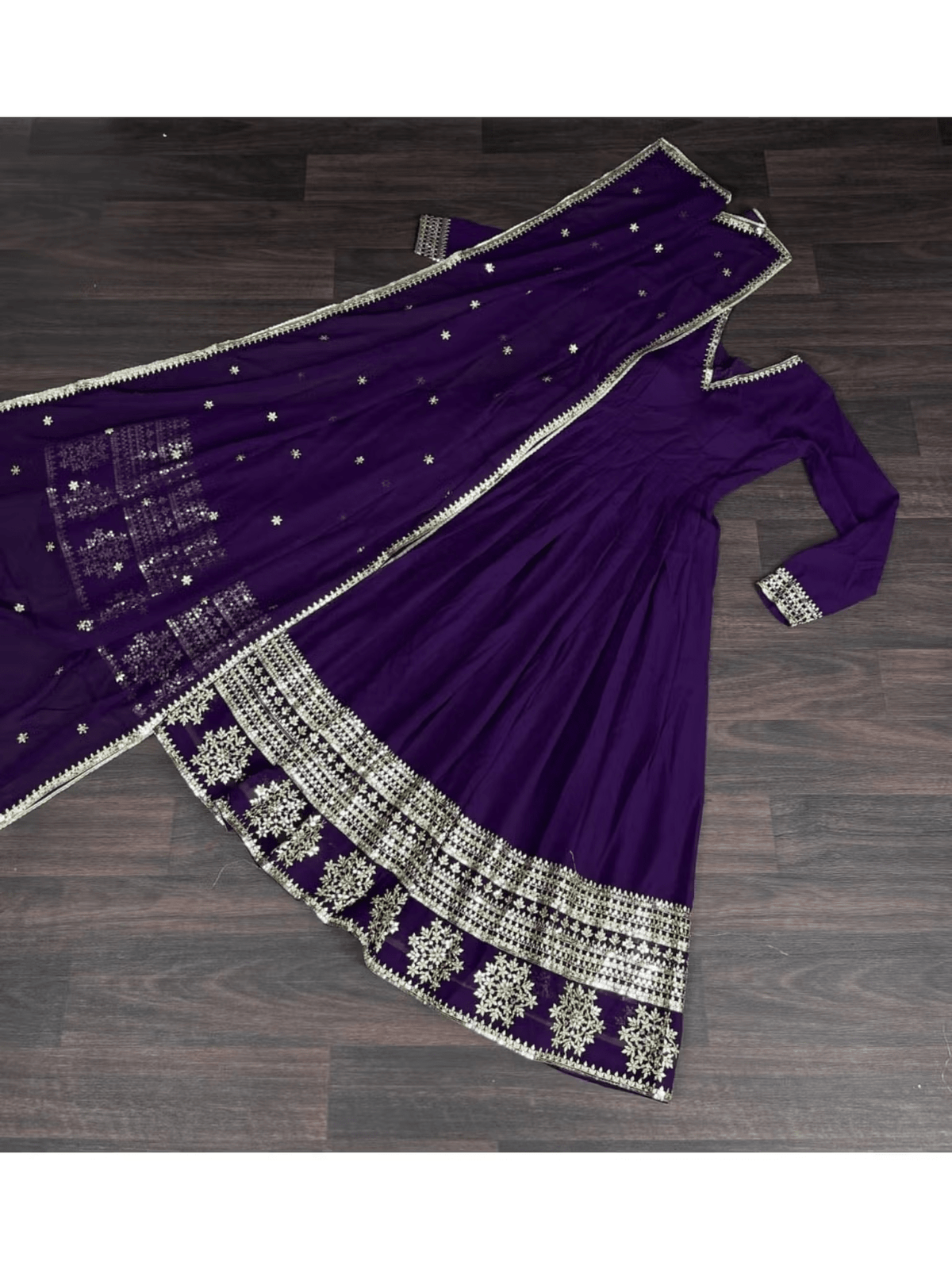 Aromie Georgette Embroidered Festive Gown in purple with detailed embroidery and an elegant dupatta