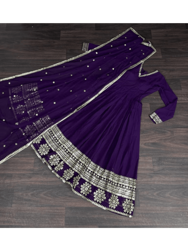Aromie Georgette Embroidered Festive Gown in purple with detailed embroidery and an elegant dupatta