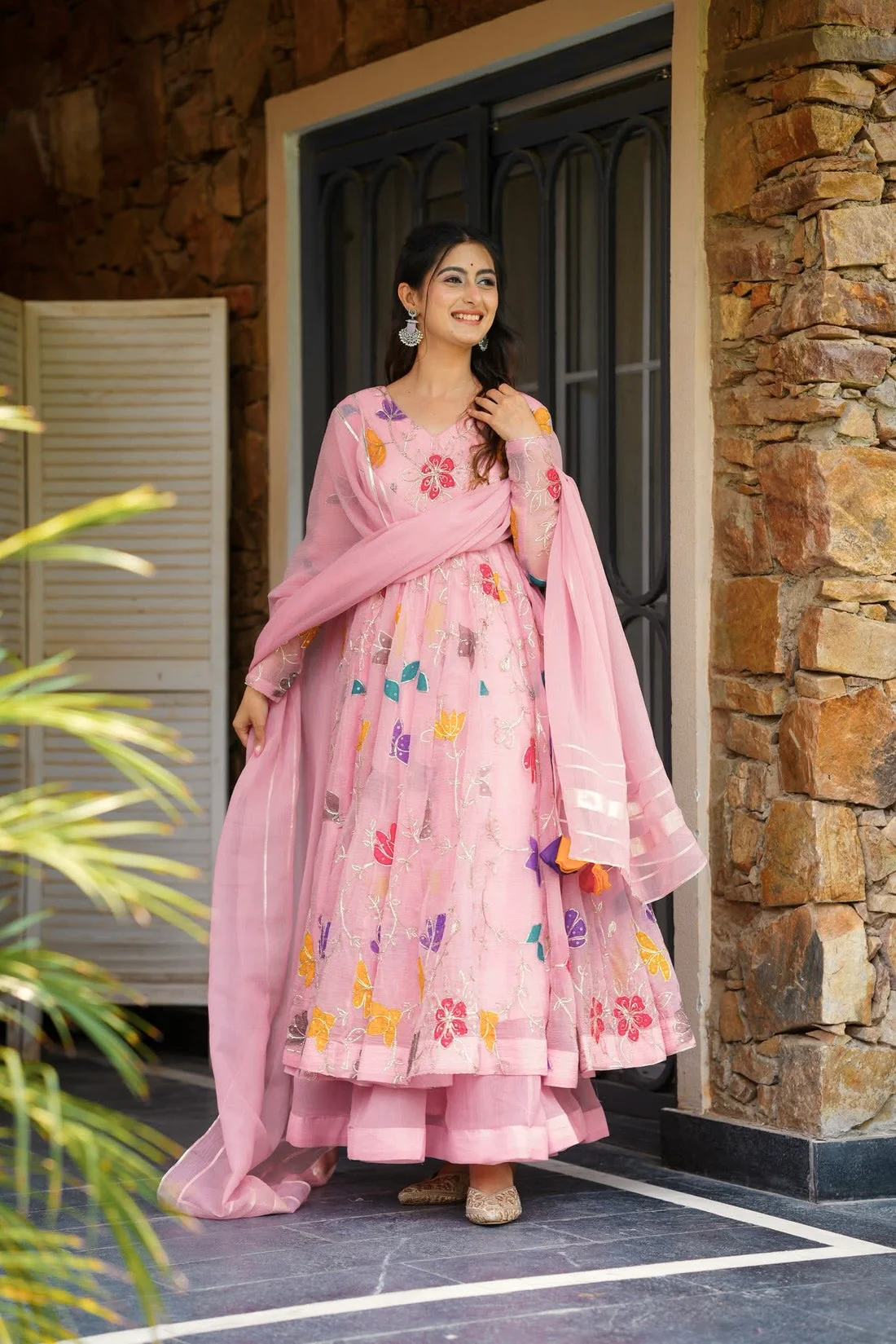 Pink three piece Kurtha set in Georgette with floral embroidery, ideal for festive occasions in Canada