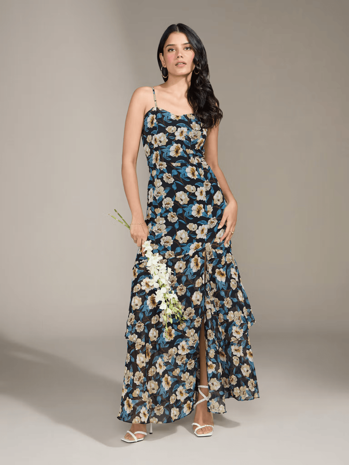 Georgette Floral Maxi Dress for Vacations – Lightweight Sleeveless Summer Dress with Zipper - aromie