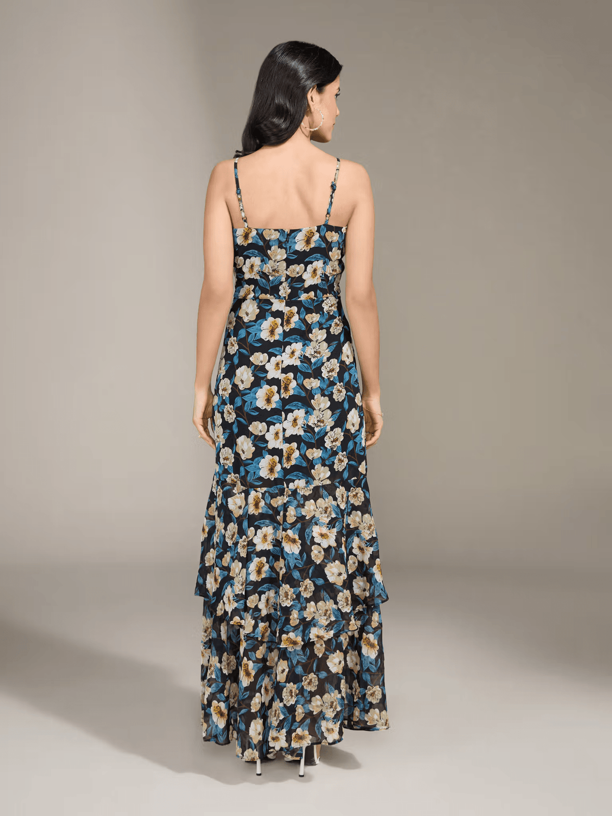 Georgette Floral Maxi Dress for Vacations – Lightweight Sleeveless Summer Dress with Zipper - aromie