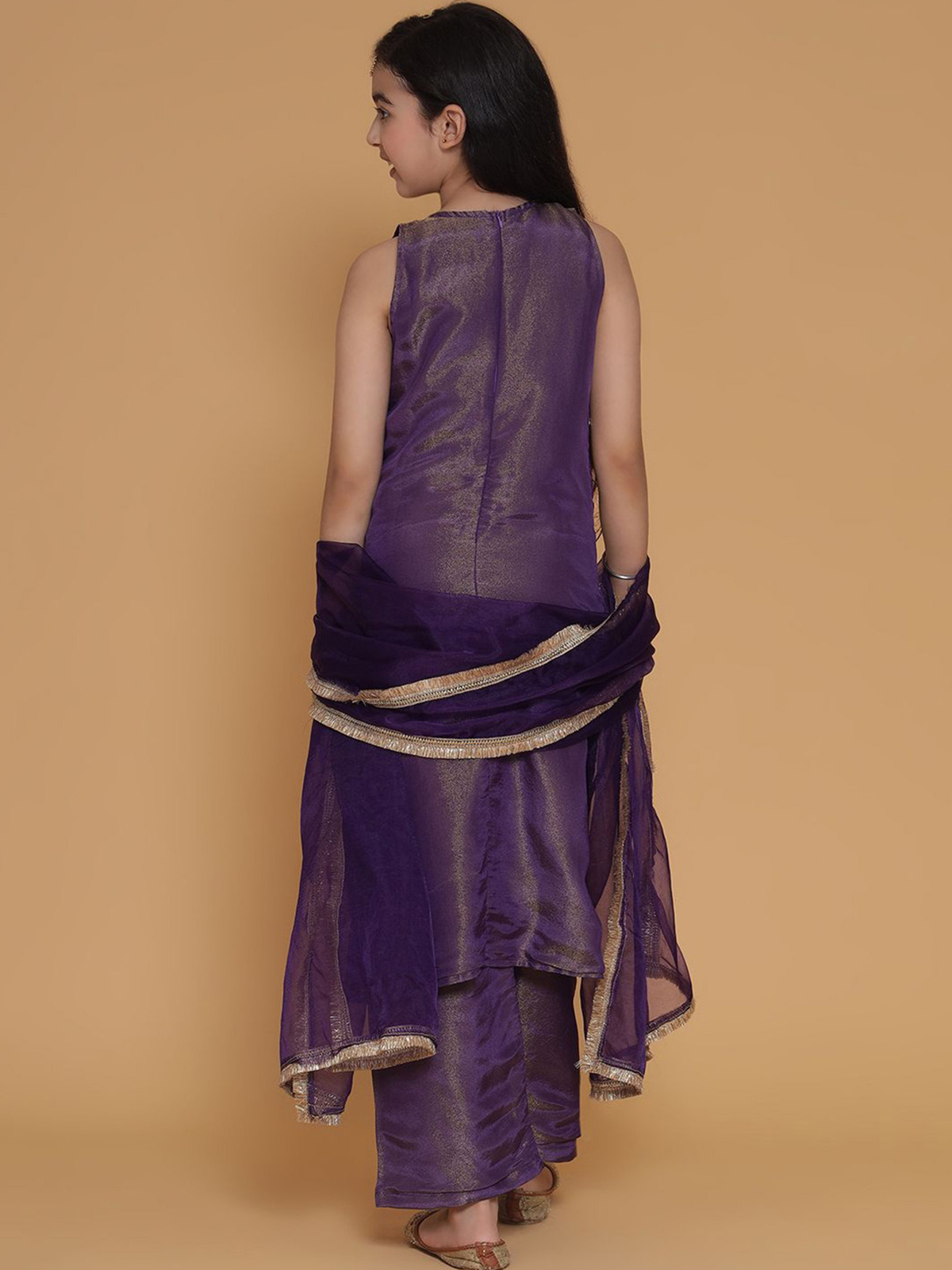 Back view of Aromie girls embroidered kurta set USA in purple silk, perfect for festive occasions