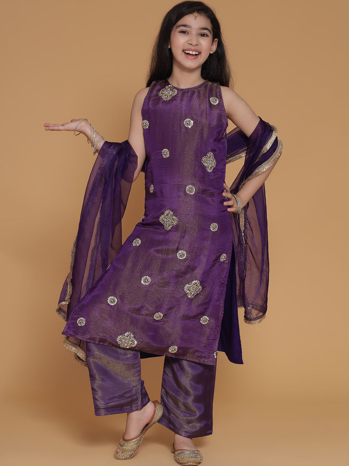 Aromie girls embroidered kurta set USA in purple with detailed embellishments, perfect for festive occasions.