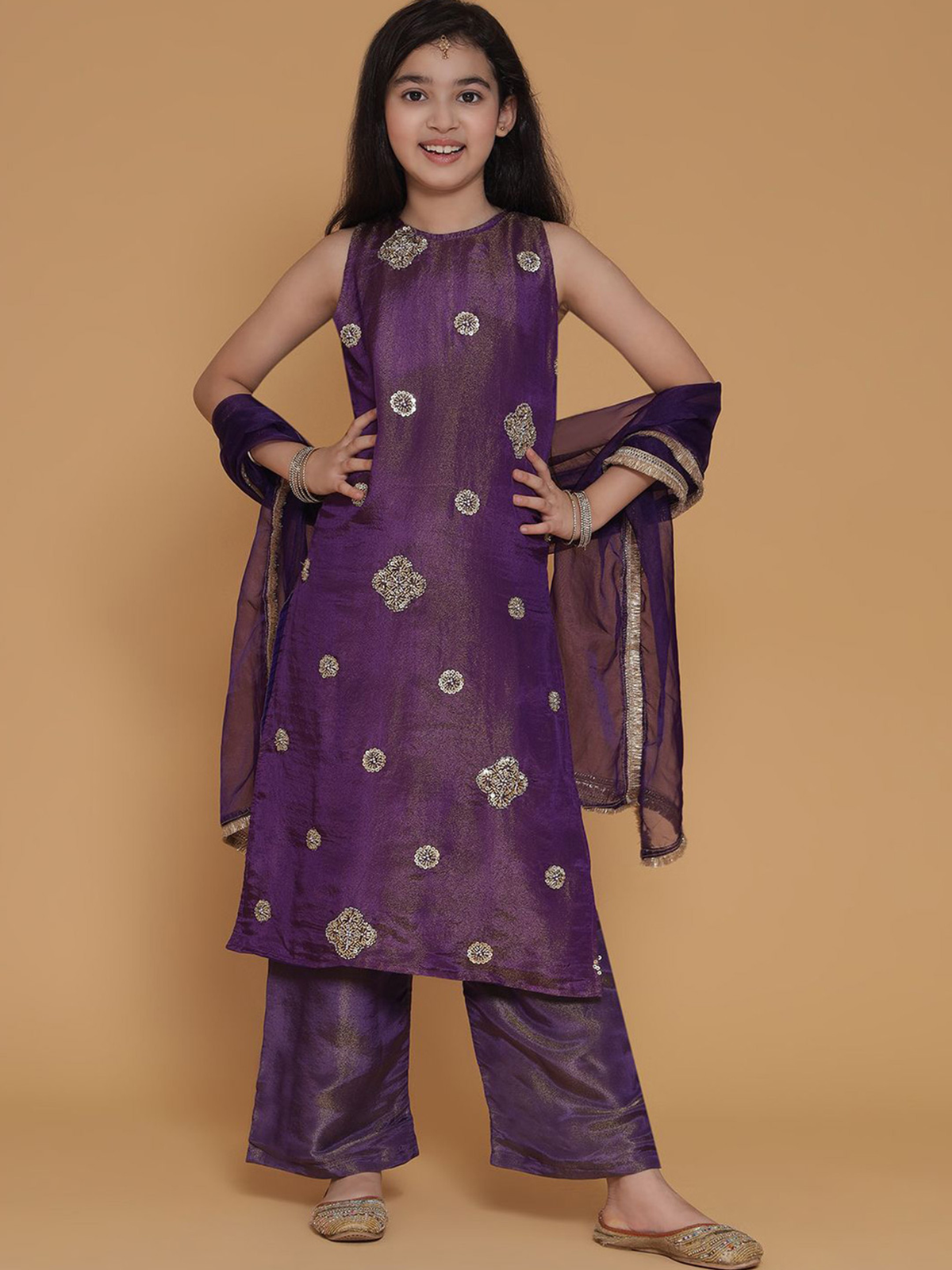 Purple girls embroidered kurta set USA made of lightweight fabric, perfect for festive occasions and celebrations