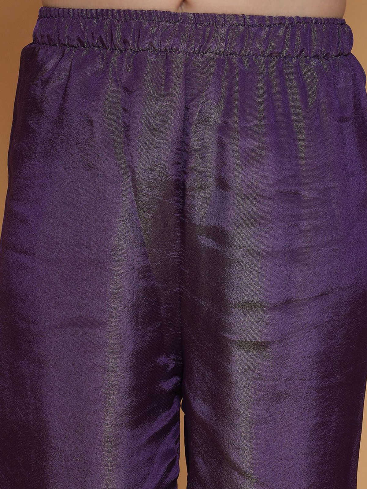 Purple satin girls embroidered kurta set USA with elastic waist pants, perfect for festive occasions