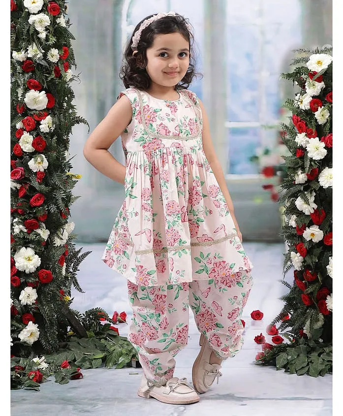 Aromie girls ethnic dress Canada in pink floral print with matching pants, perfect for festive occasions.