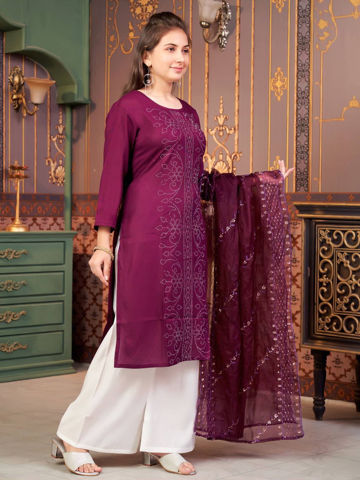 Aromie Girls Ethnic Wear Canada in rich purple with intricate embroidery, paired with a white palazzo and matching stole