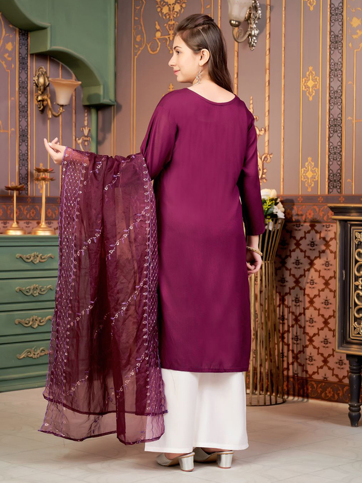 Aromie Girls Ethnic Wear Canada in burgundy, lightweight fabric with a detailed dupatta, perfect for festive occasions.