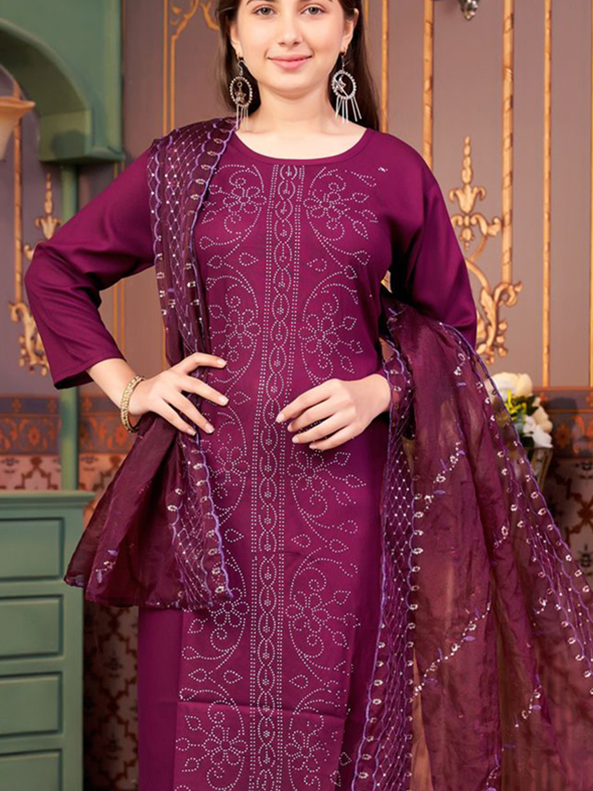 Aromie Girls Ethnic Wear Canada in deep purple, featuring intricate embroidery and a matching dupatta, perfect for festive occasions.