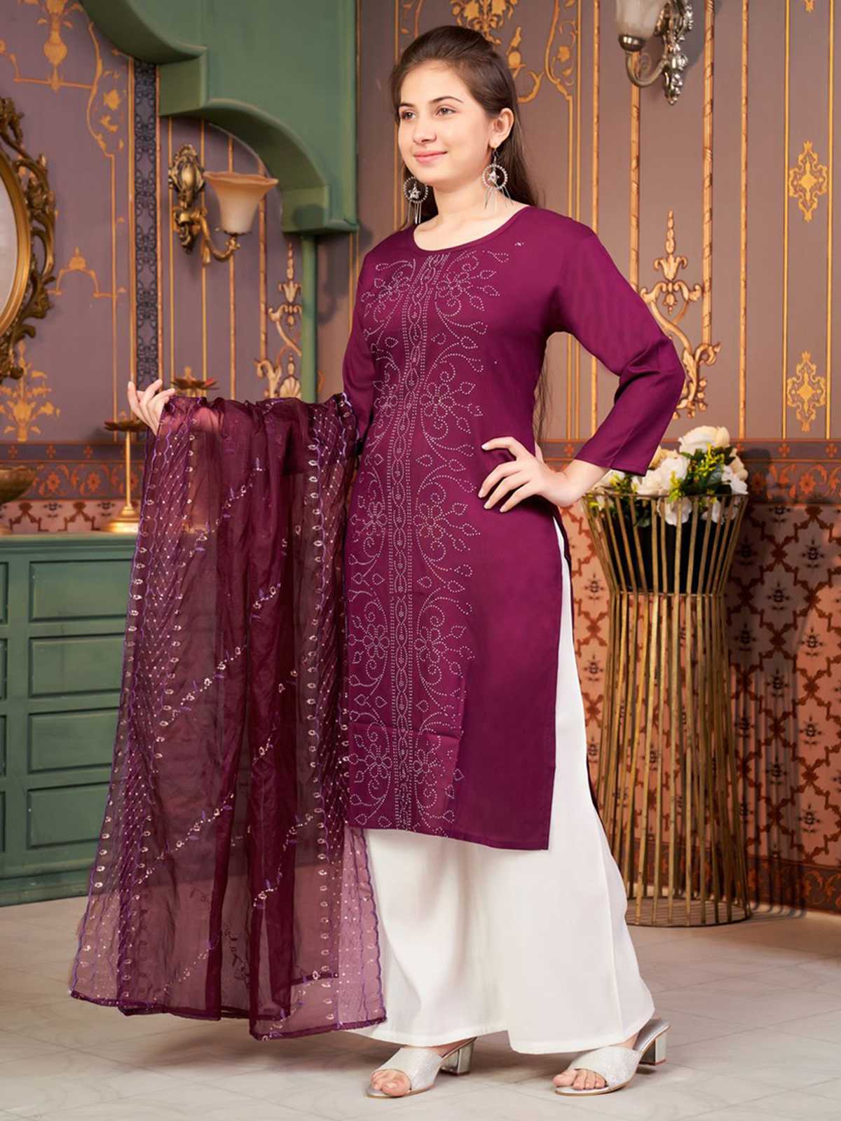 Aromie girls ethnic wear in deep purple with intricate embroidery, perfect for festive occasions in Canada