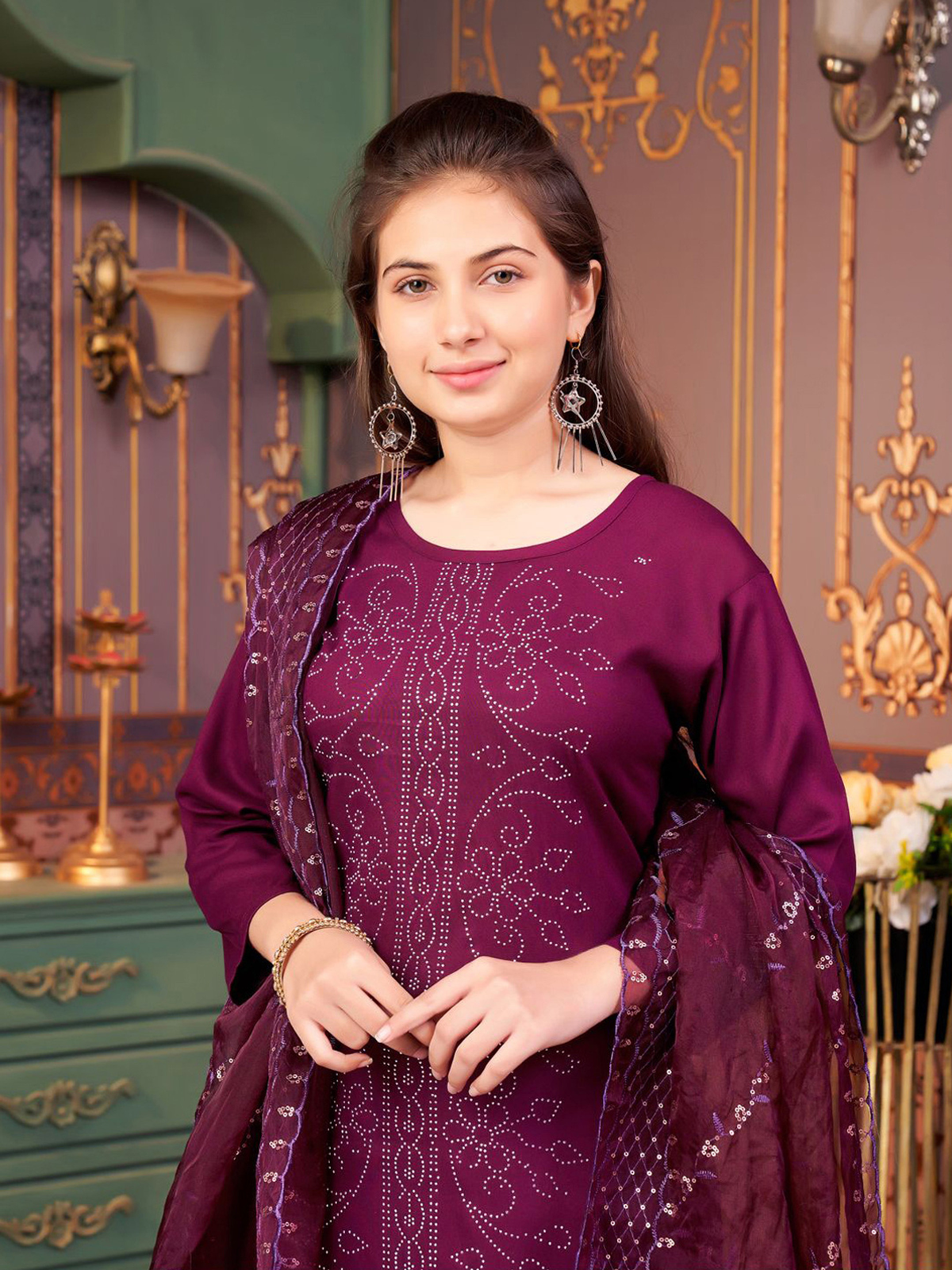 Aromie Girls Ethnic Wear Canada in rich purple fabric, featuring intricate embroidery, perfect for festive occasions