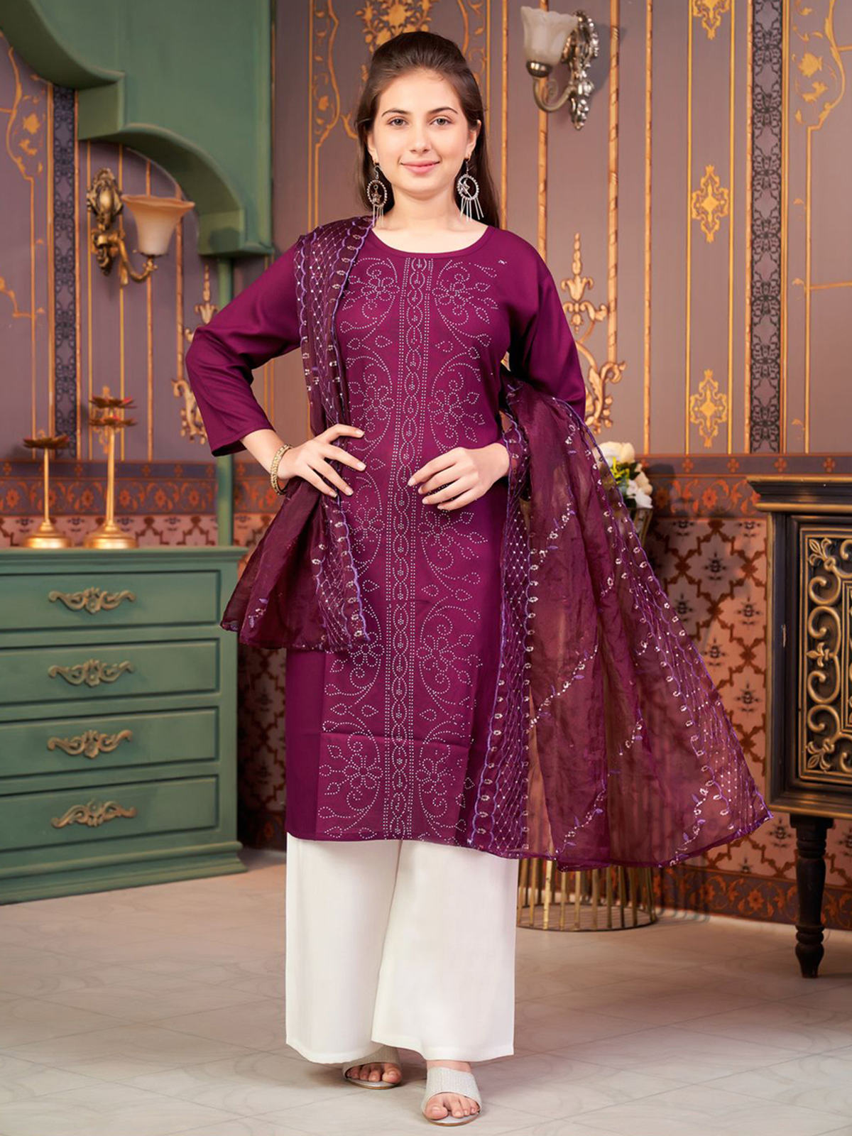 Aromie Girls Ethnic Wear Canada in purple with detailed embroidery, paired with a matching dupatta for festive occasions