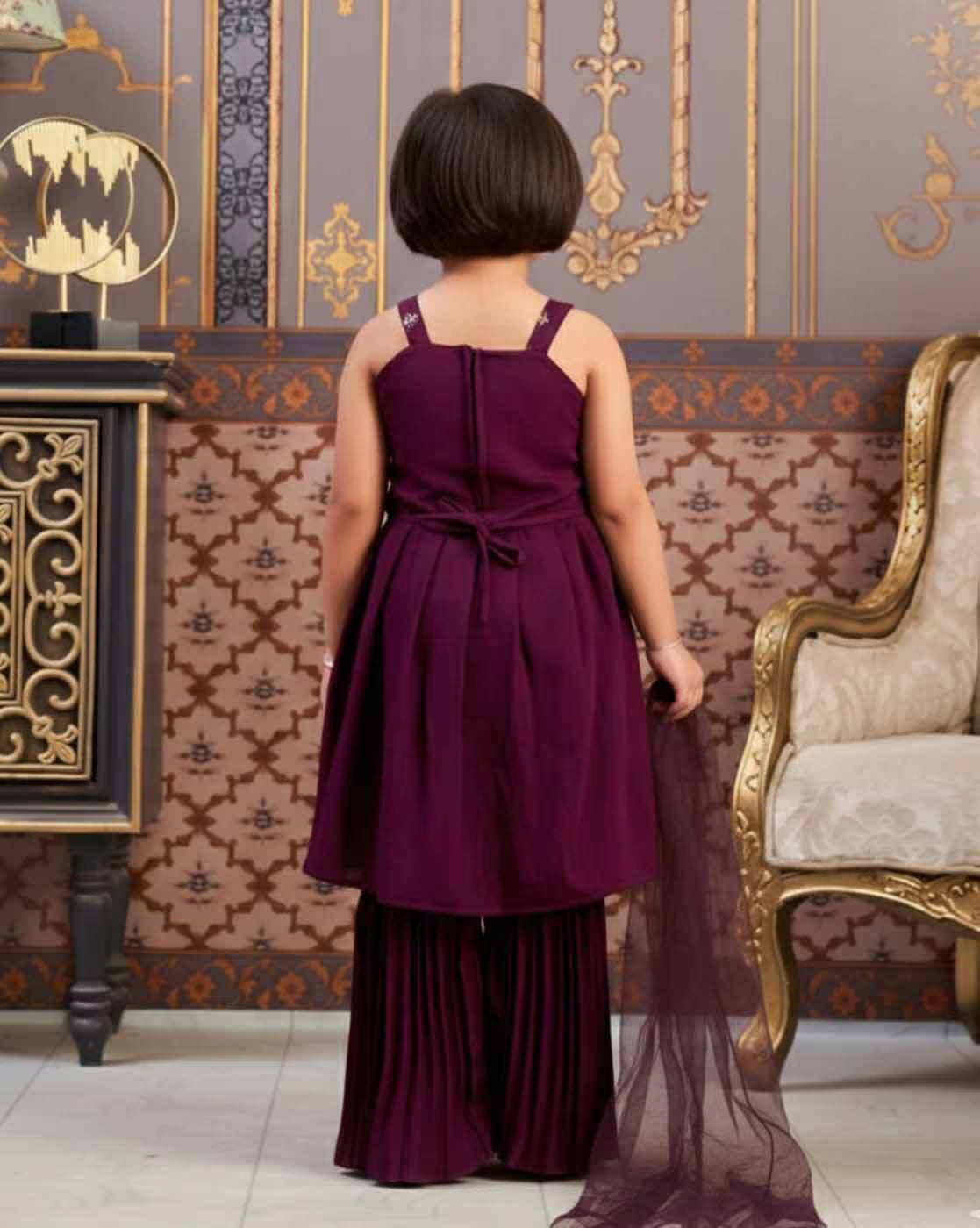 Back view of Aromie Girls Festive Kurti Set in deep purple, crafted from soft fabric, perfect for festive occasions