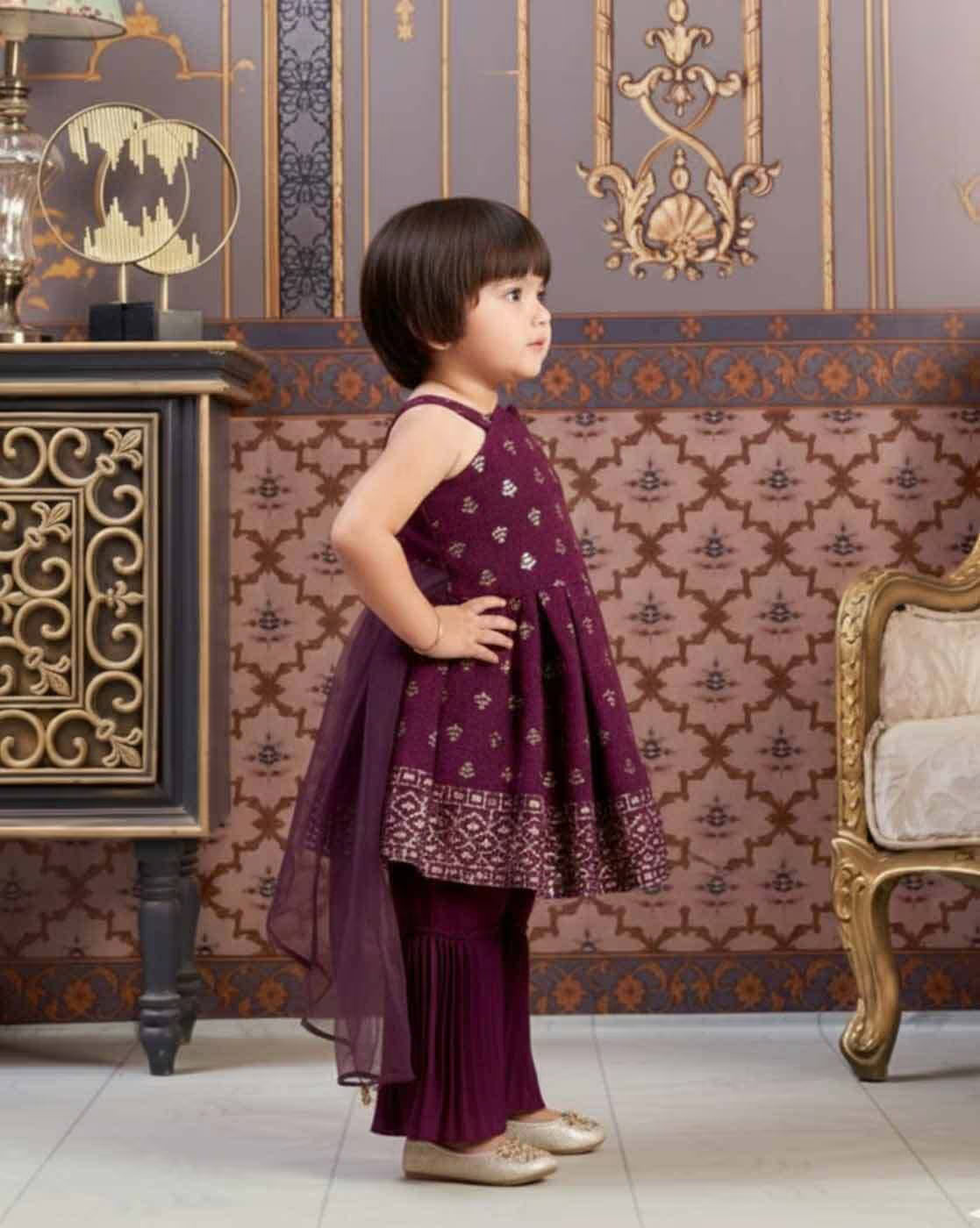 Purple girls festive kurti set USA in detailed view, perfect for celebrations and special occasions