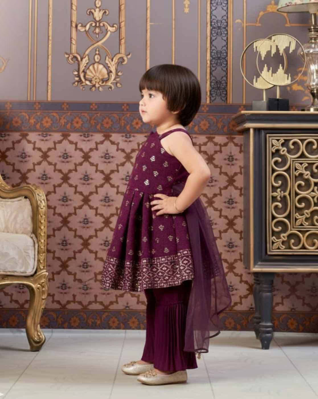 Aromie girls festive kurti set USA in deep purple with embellished details, perfect for celebrations and events