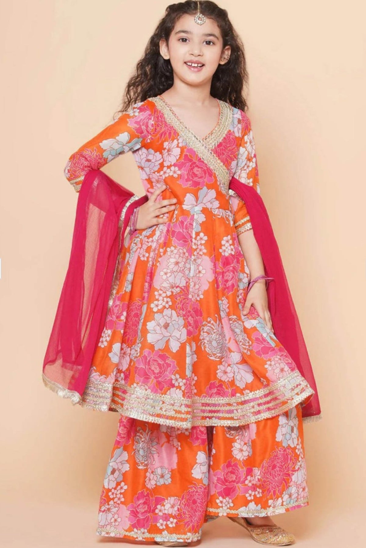Girls Floral Gotta Patti Kurta Set - Affordable Indian Wear