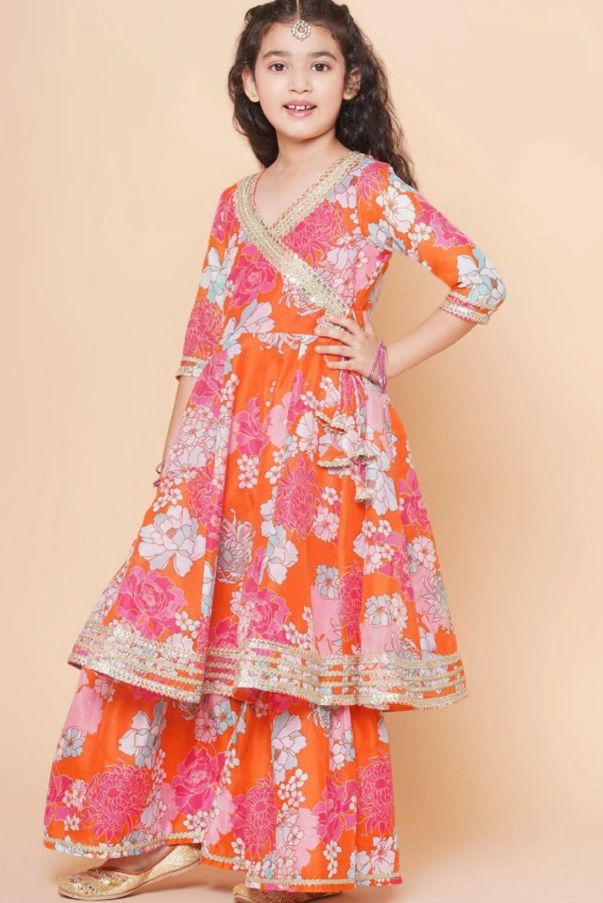 Girls Floral Gotta Patti Kurta Set - Affordable Indian Wear