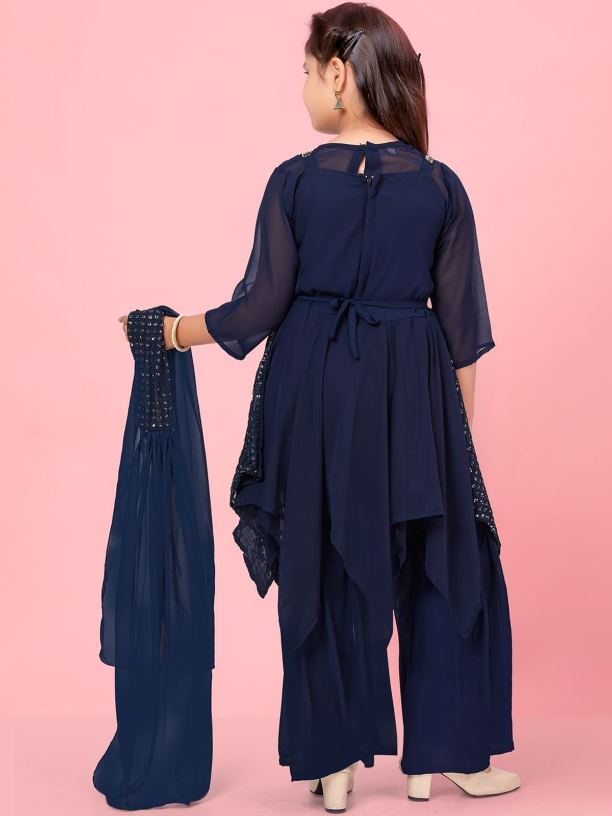Navy blue Aromie girls floral party dress with chiffon fabric and detailed back for special occasions