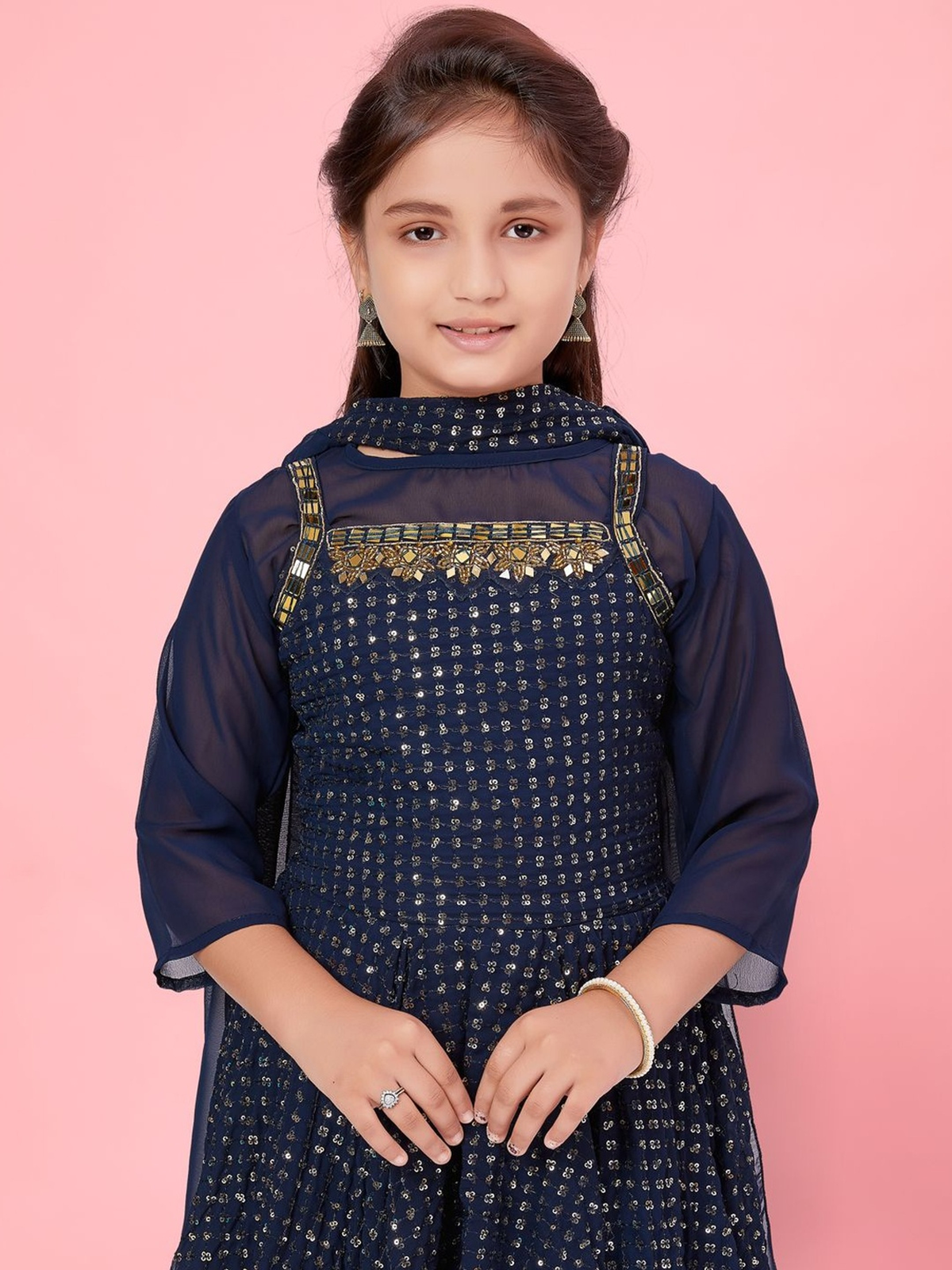 Aromie girls floral party dress in navy with gold detailing, suitable for festive occasions