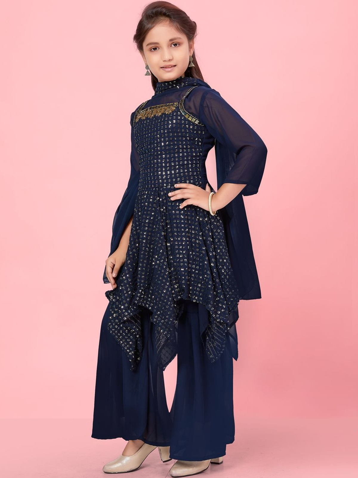 Aromie girls floral party dress in navy blue with elegant detailing, perfect for special occasions.